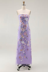 Trägerloses Lila Blumen Etui Ballkleid mit Perlen